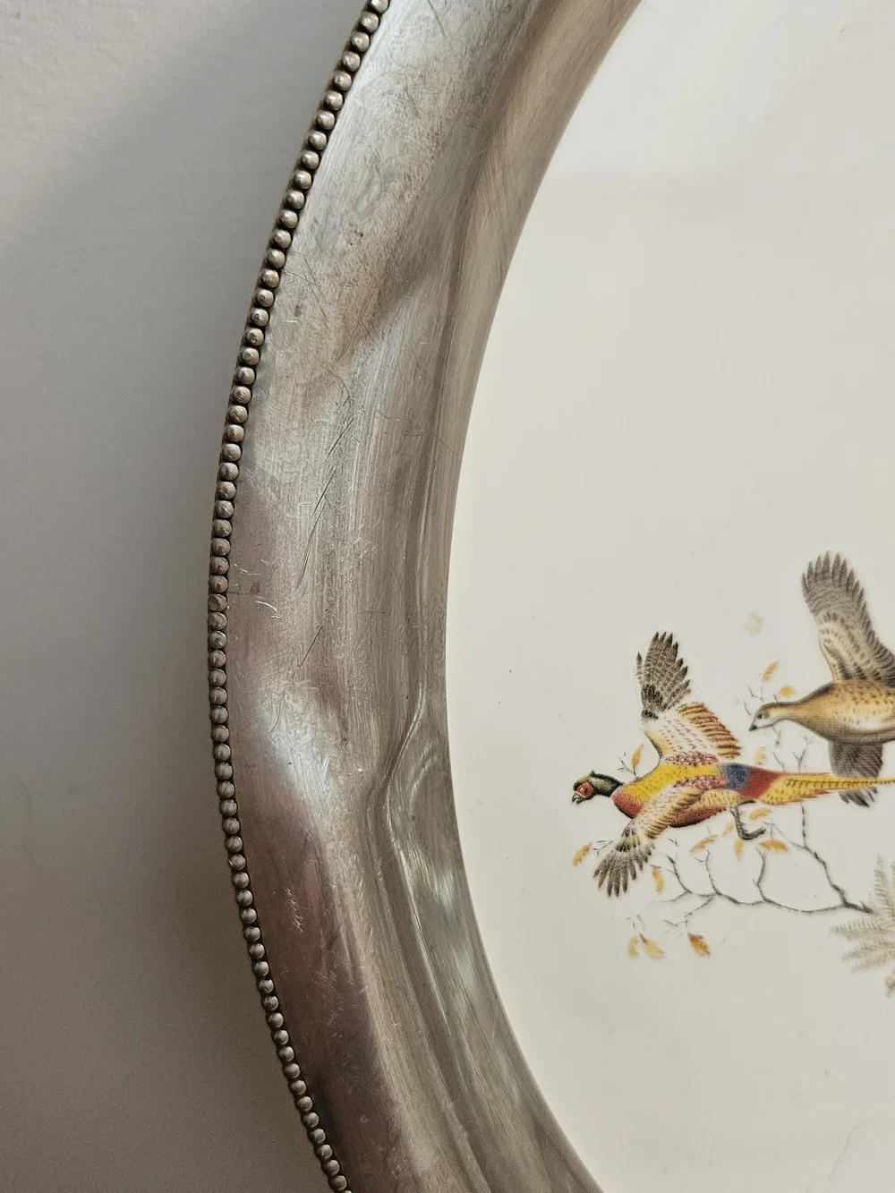 Vintage Revere Pewter & Porcelain Serving Tray ~ Pheasants ~ 13”